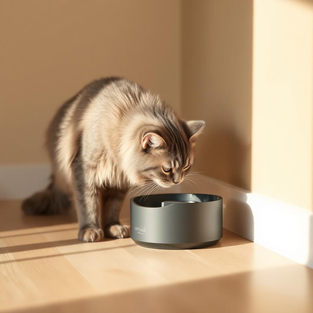 Gato bebiendo de la fuente automática colocada en el suelo del salón